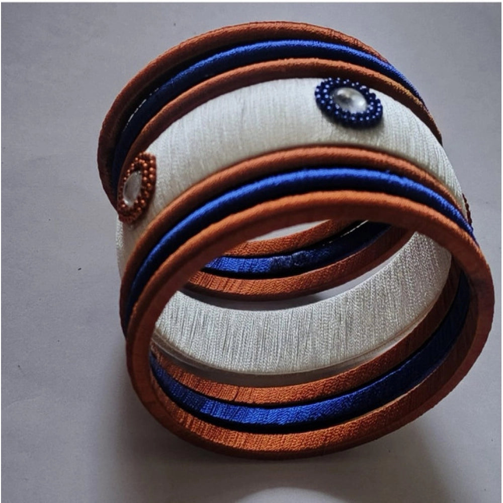 Plastic Silk Thread Bangles (White-Brown-Blue, Size: 2.8)