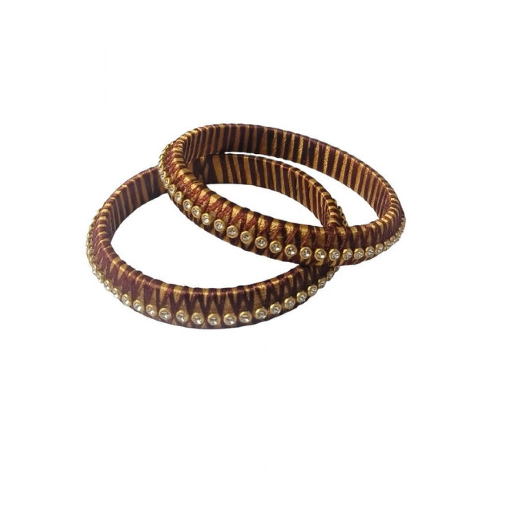 Plastic Silk Thread Bangles (Gold-Dark Brown, Size: 2.6)