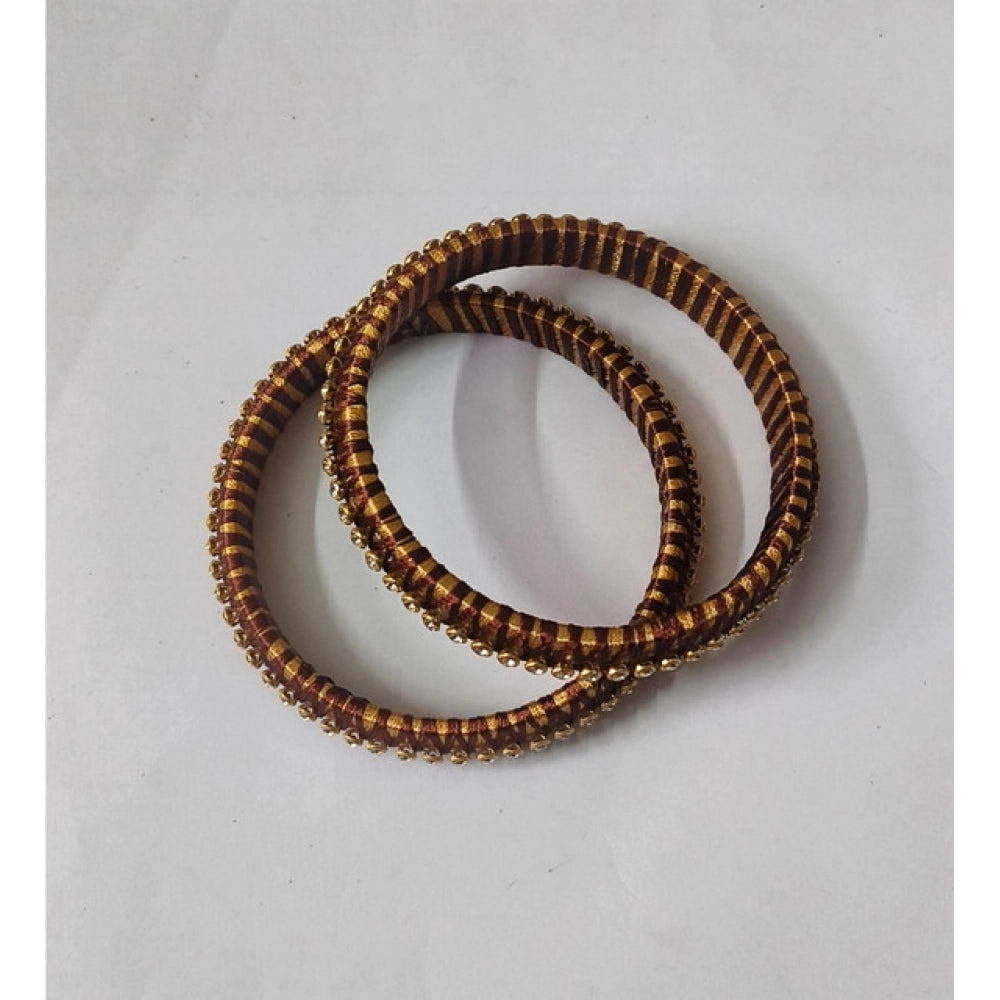 Plastic Silk Thread Bangles (Gold-Dark Brown, Size: 2.6)