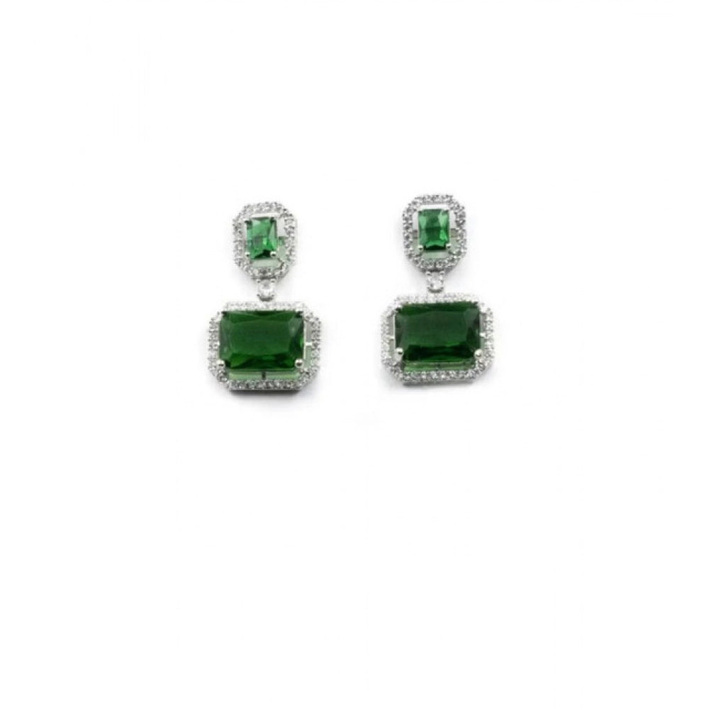 Brass Silver Plated Drop Earrings (Green) – Design 02