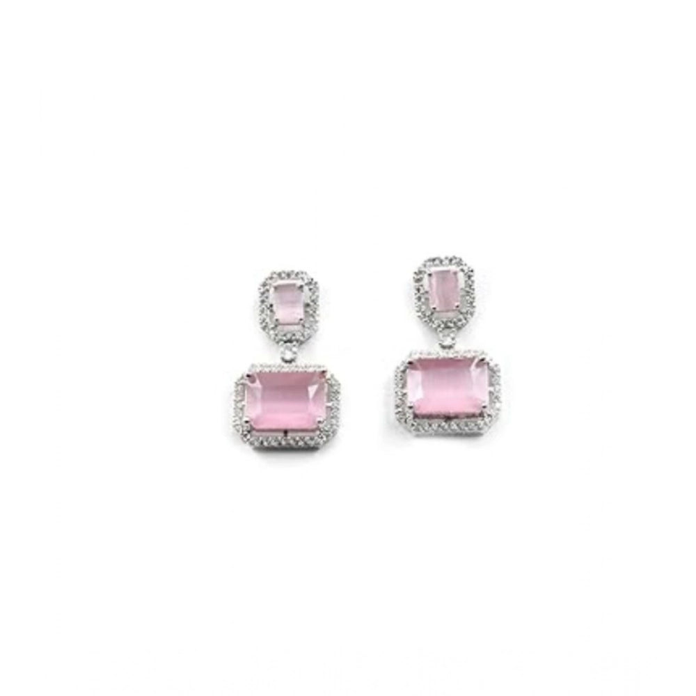 Brass Silver Plated Drop Earrings (Pink) – Design 01