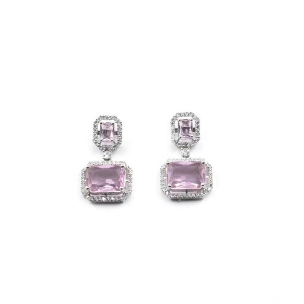 Brass Silver Plated Drop Earrings (Pink) – Design 02