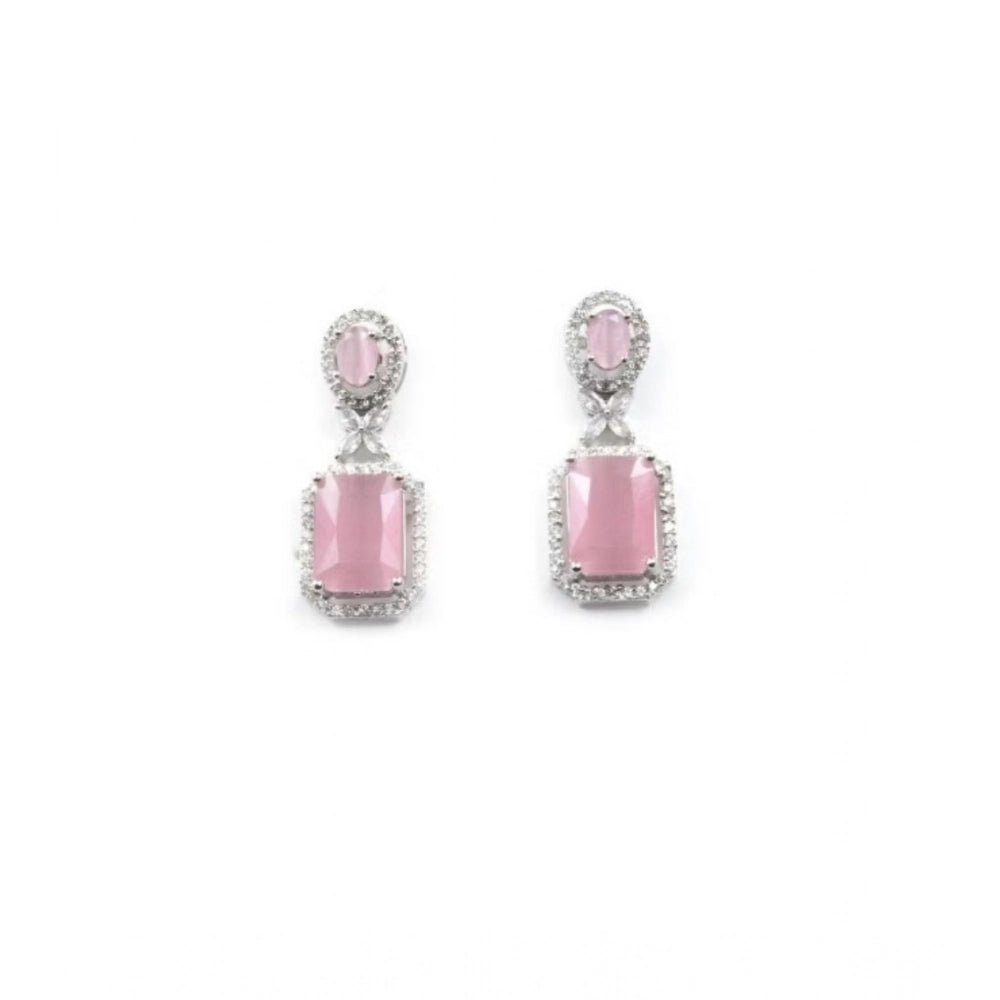 Brass Silver Plated Drop Earrings (Pink) – Design 03