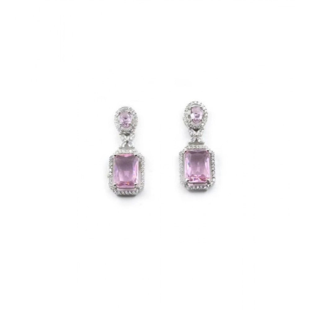 Brass Silver Plated Drop Earrings (Pink) – Design 04