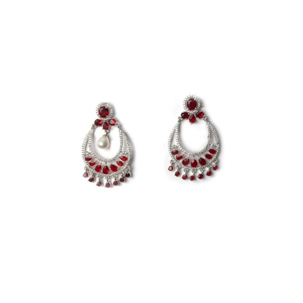 Brass Silver Plated Chandbali Earrings (Red)