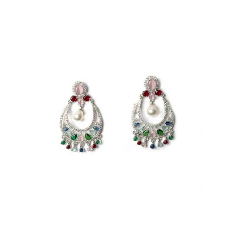 Brass Silver Plated Chandbali Earrings (Multicolor)