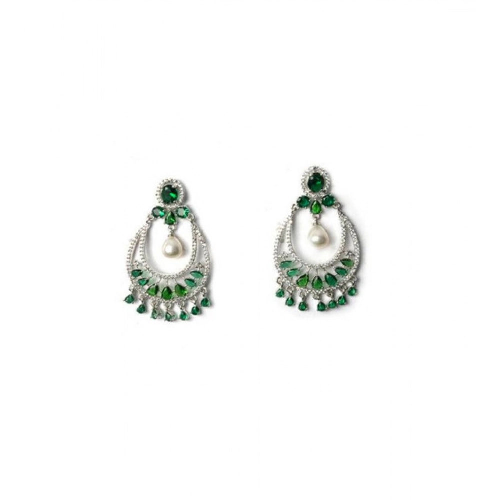 Brass Silver Plated Chandbali Earrings (Green)