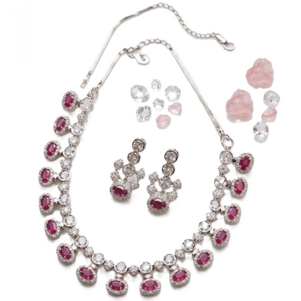 Brass Silver Plated Necklace set (Pink) – Design 05