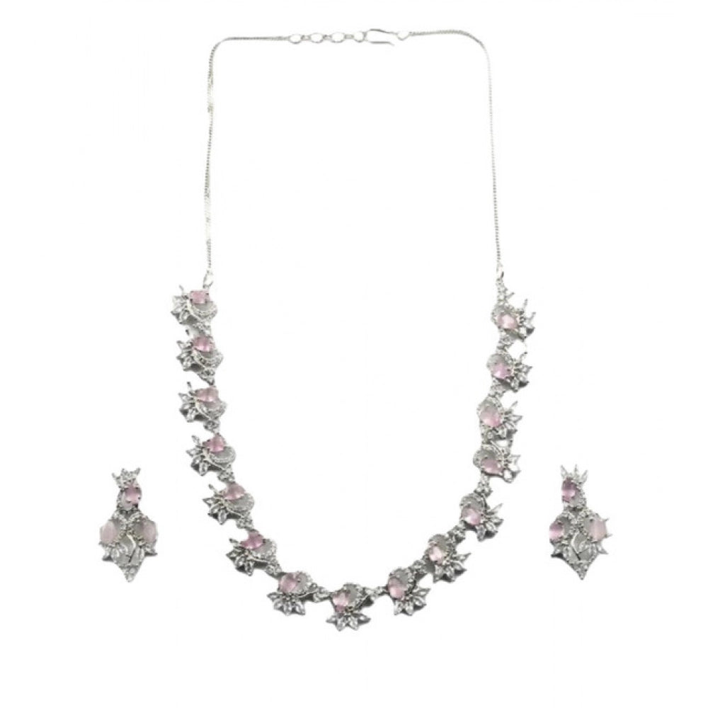 Brass Silver Plated Necklace set (Pink) – Design 06