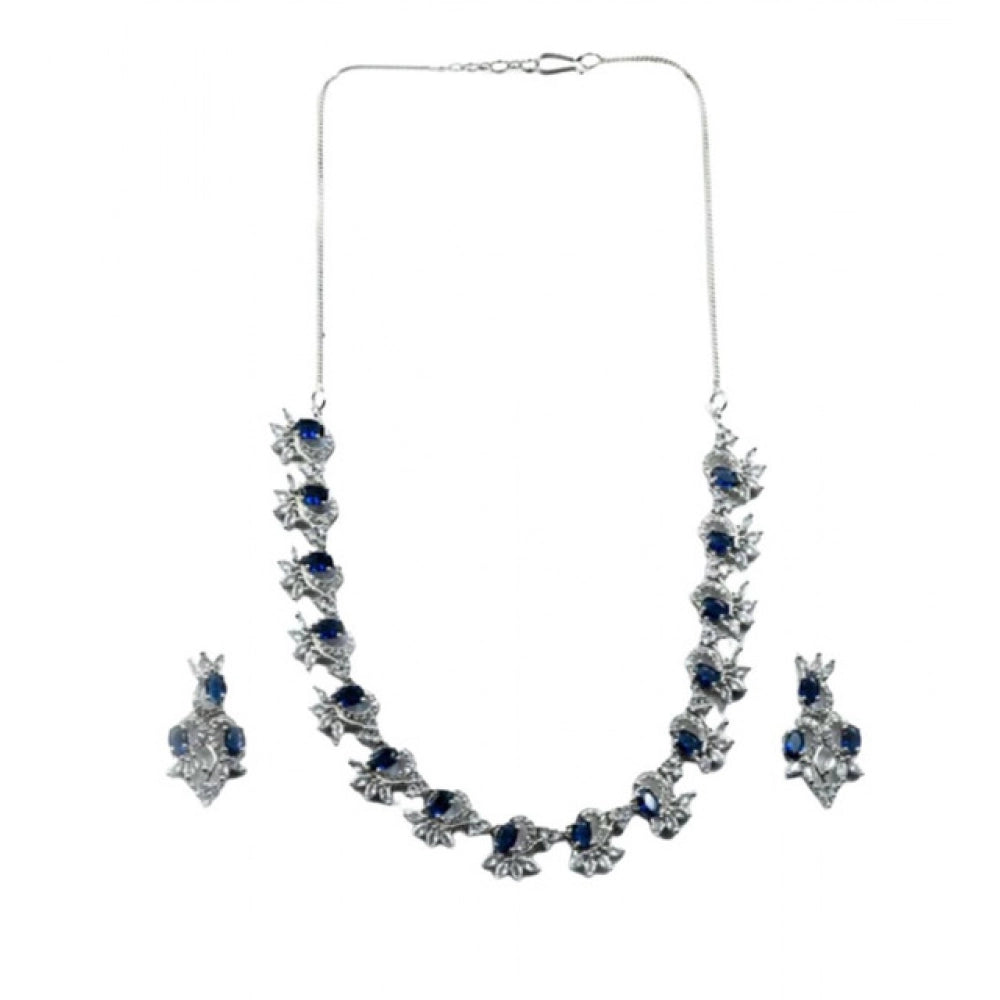 Brass Silver Plated Necklace set (Blue) – Design 04