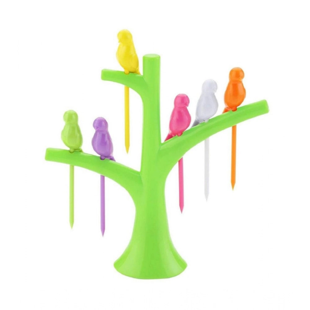 Pack of 10 Bird Tree Fruit Fork Set Decorative Toothpick Holder (Assorted Color)