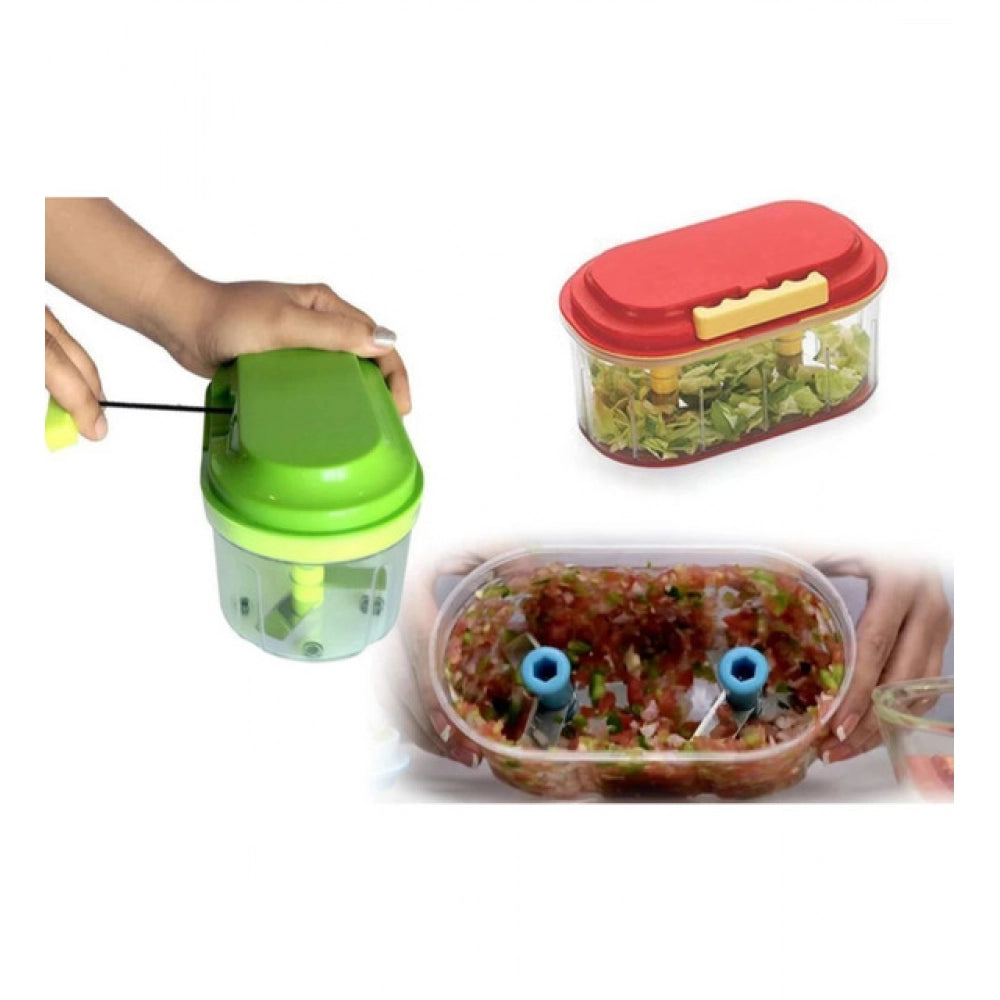 Pack of 2 Twin Bowl Dual-Blade Hand Chopper | Manual Food Processor for Vegetables And Fruits (Assorted Color)