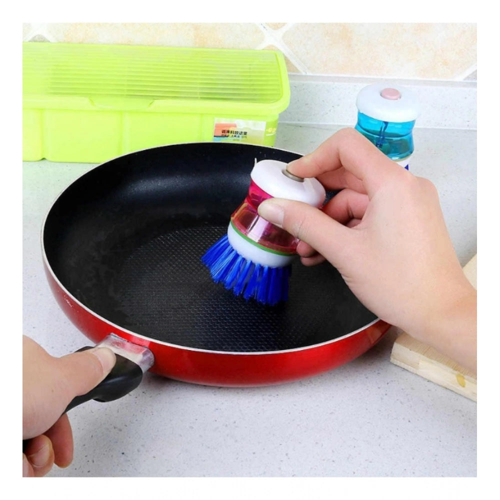 Pack of 4 Plastic Wash Basin Brush Cleaner with Soap Dispenser – (Assorted Color)