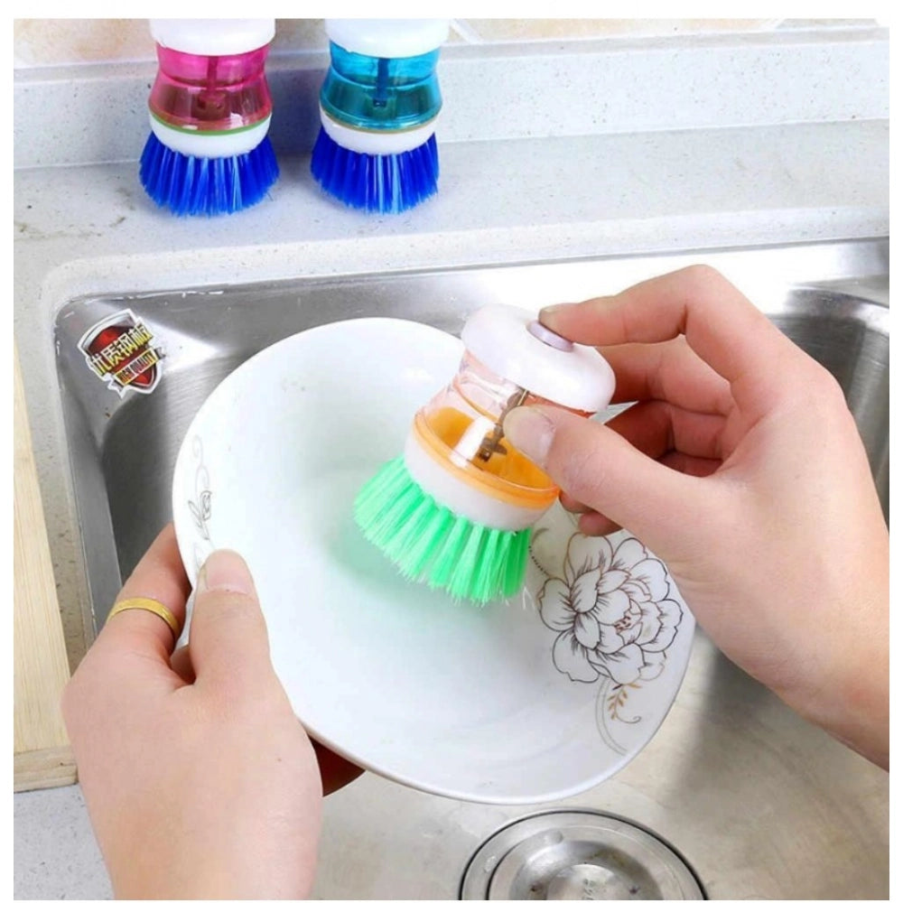 Pack of 4 Plastic Wash Basin Brush Cleaner with Soap Dispenser – (Assorted Color)