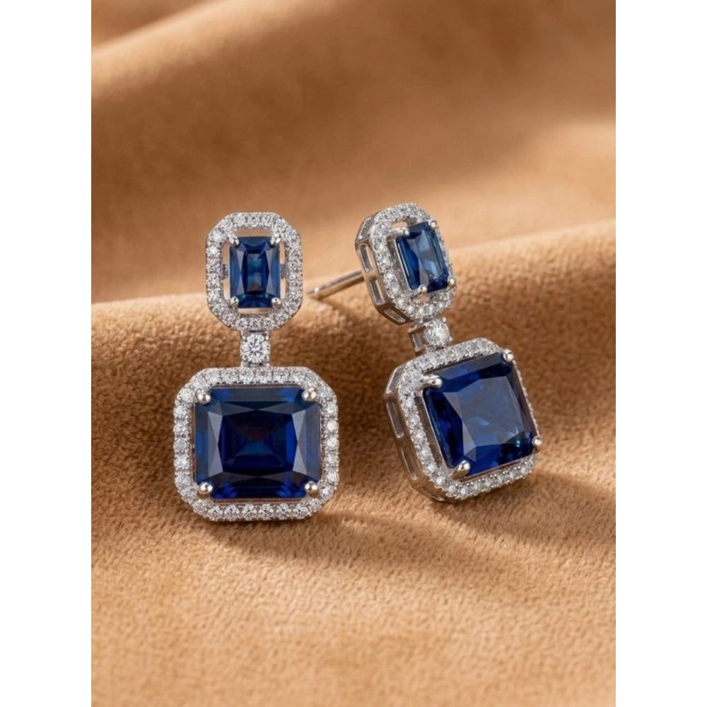 Brass Silver Plated Drop Earrings (Blue) – Design 01