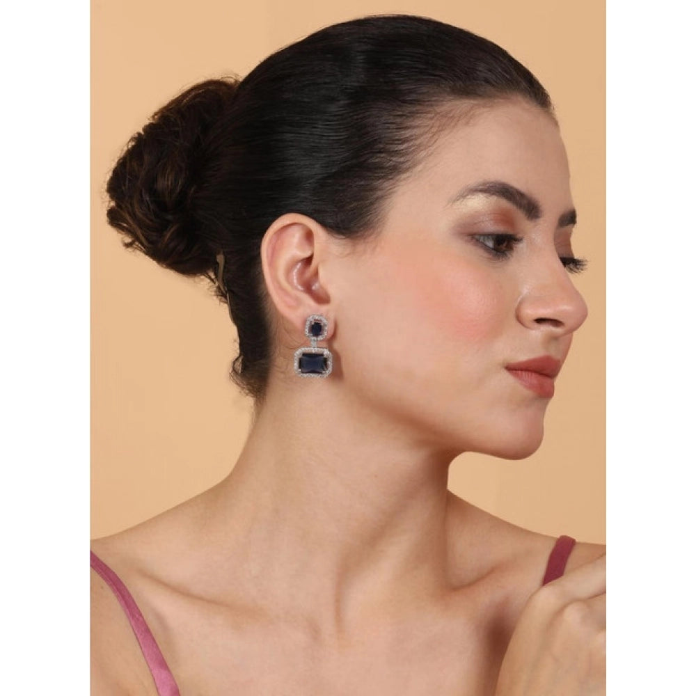 Brass Silver Plated Drop Earrings (Blue) – Design 01