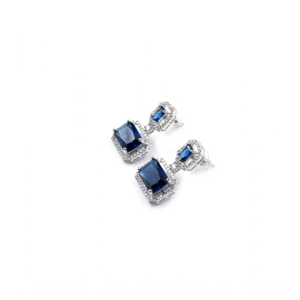 Brass Silver Plated Drop Earrings (Blue) – Design 01