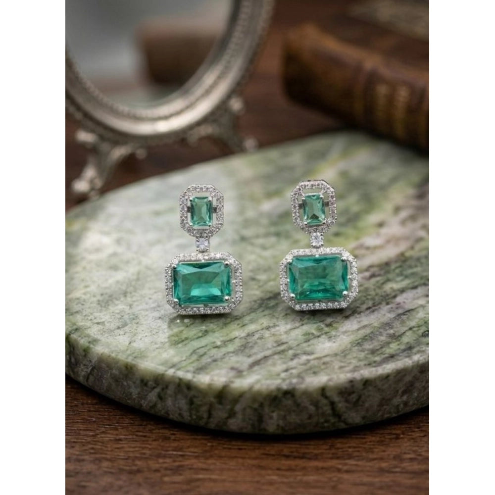 Brass Silver Plated Drop Earrings (Green) – Design 01