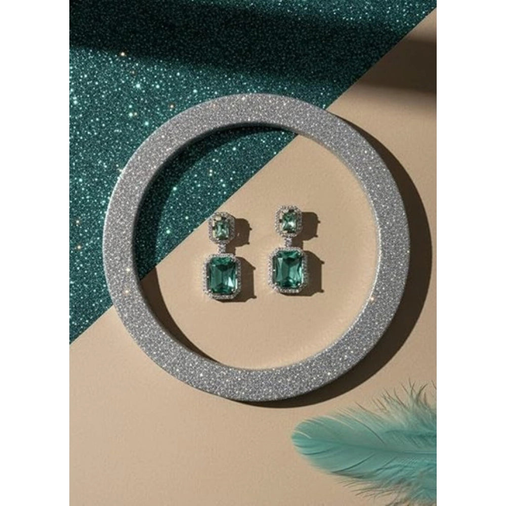 Brass Silver Plated Drop Earrings (Green) – Design 01