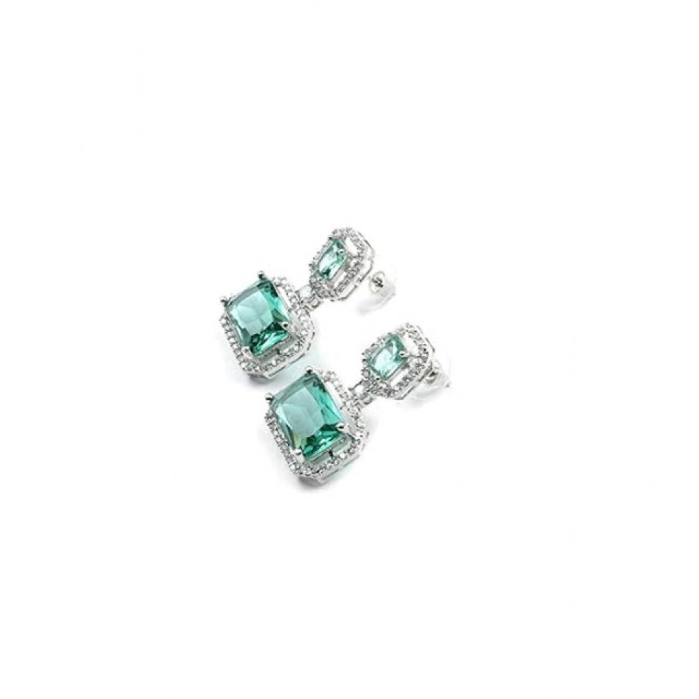 Brass Silver Plated Drop Earrings (Green) – Design 01