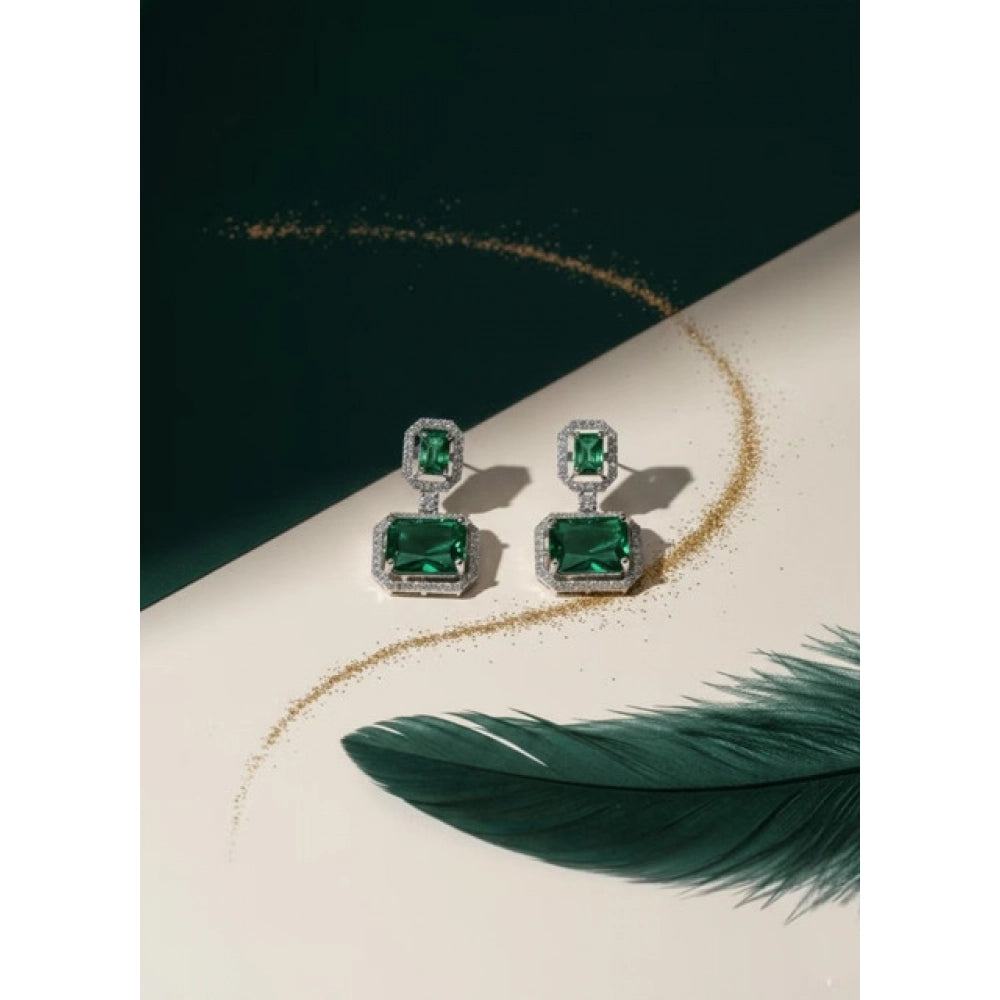 Brass Silver Plated Drop Earrings (Green) – Design 02
