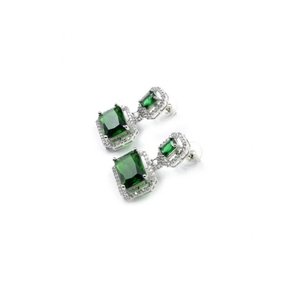 Brass Silver Plated Drop Earrings (Green) – Design 02