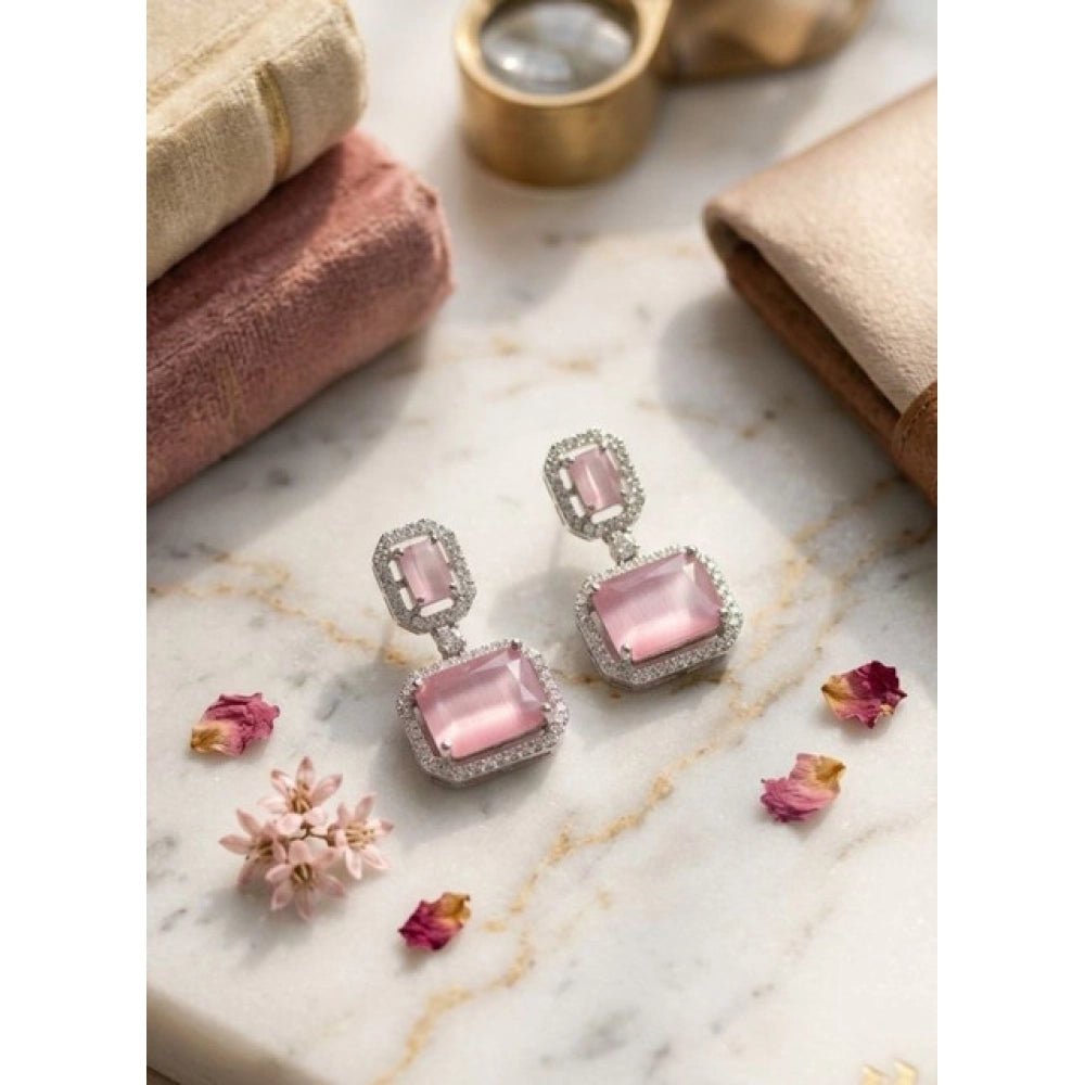 Brass Silver Plated Drop Earrings (Pink) – Design 01