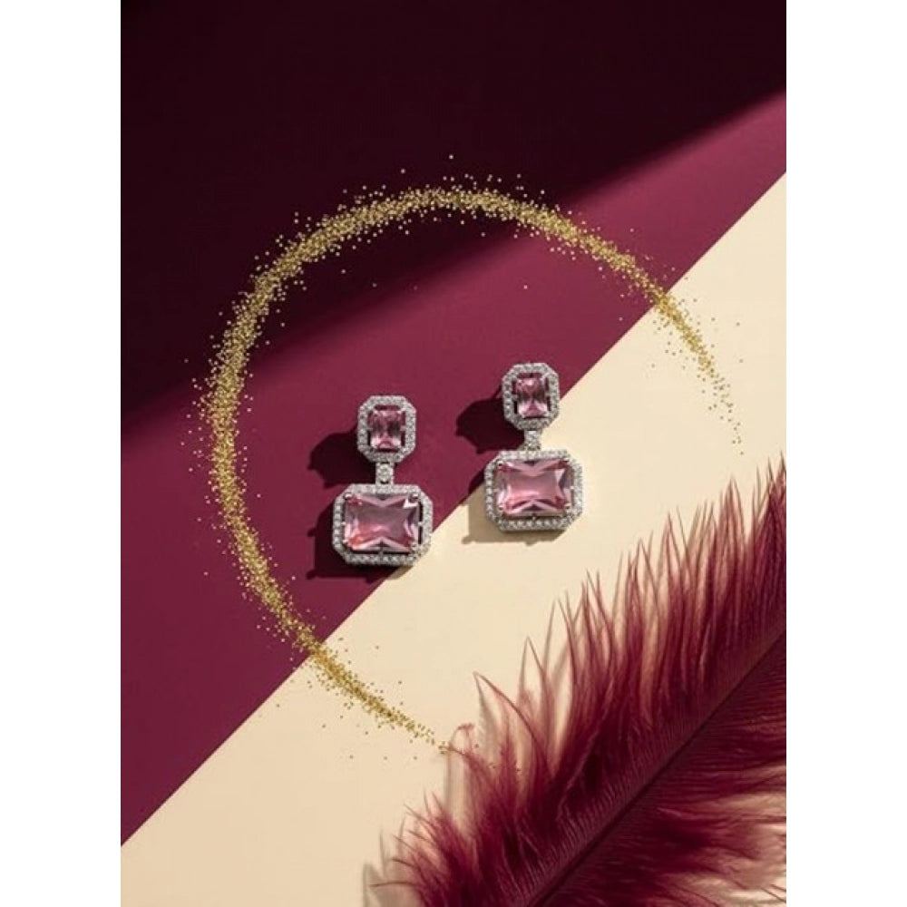 Brass Silver Plated Drop Earrings (Pink) – Design 01