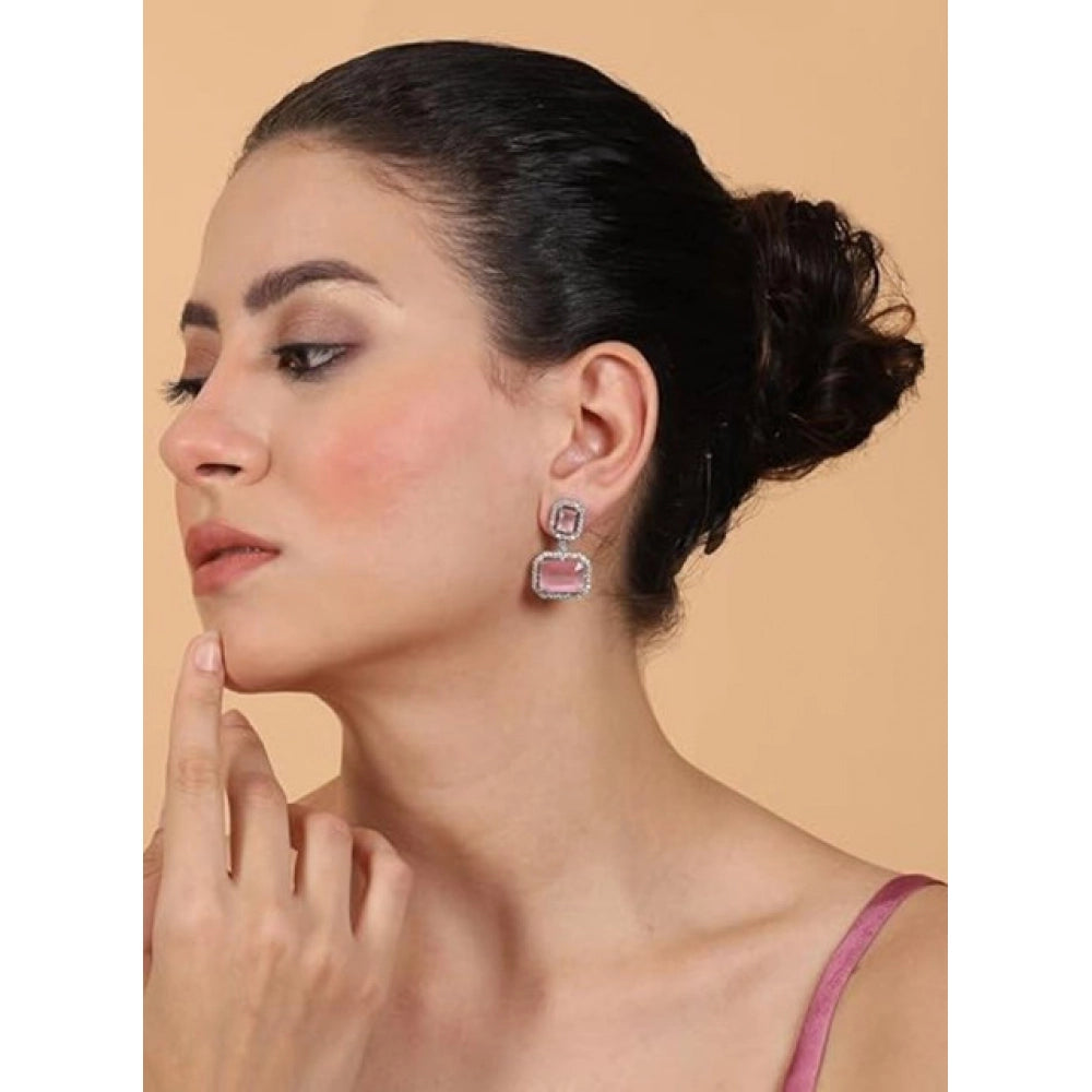 Brass Silver Plated Drop Earrings (Pink) – Design 01