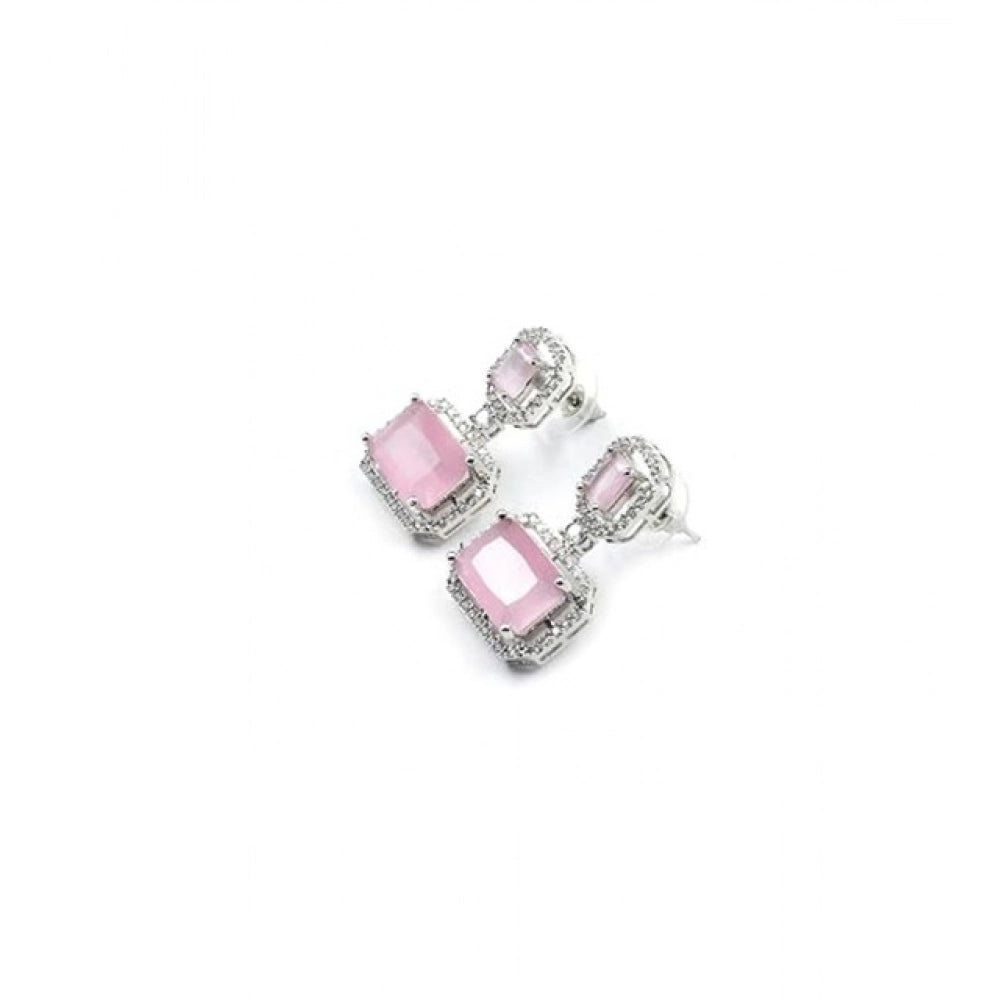Brass Silver Plated Drop Earrings (Pink) – Design 01