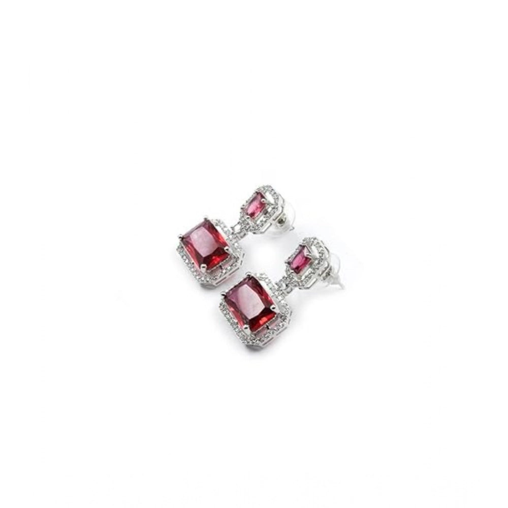 Brass Silver Plated Drop Earrings (Red) – Design 01
