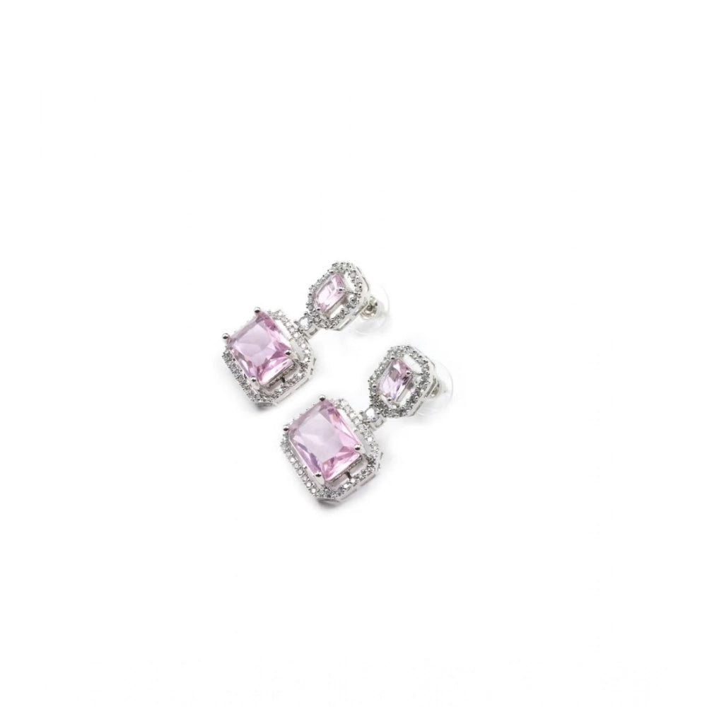 Brass Silver Plated Drop Earrings (Pink) – Design 02