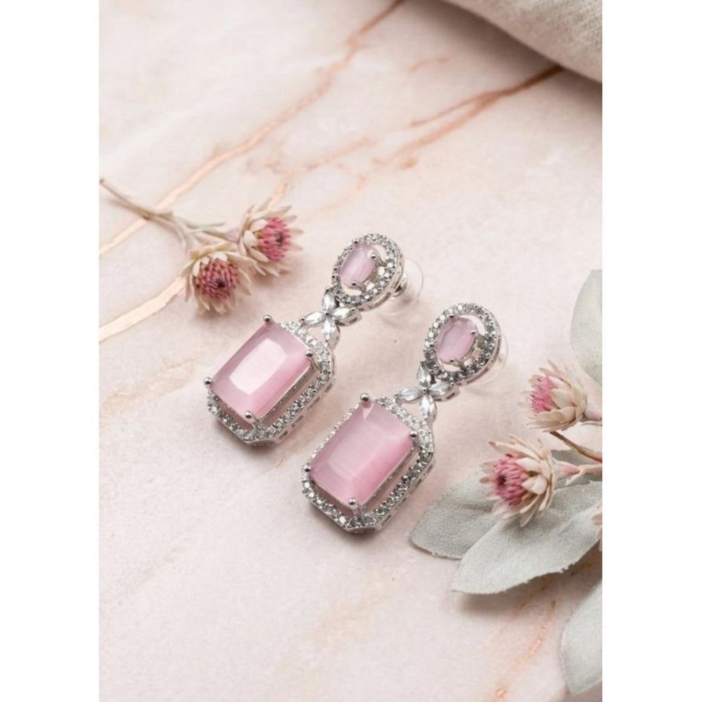 Brass Silver Plated Drop Earrings (Pink) – Design 03