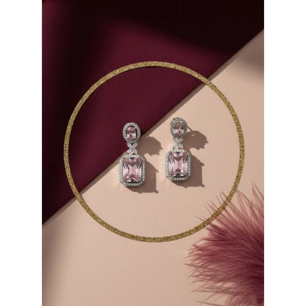 Brass Silver Plated Drop Earrings (Pink) – Design 03