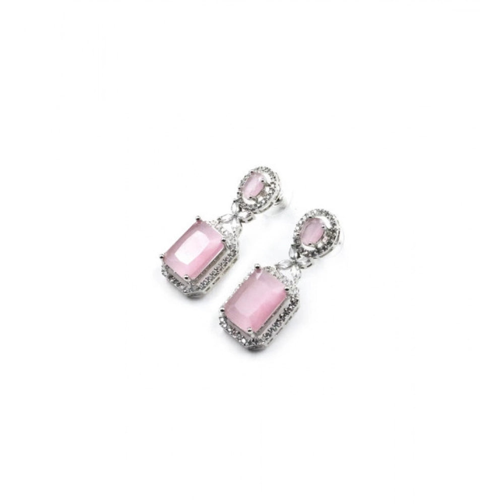 Brass Silver Plated Drop Earrings (Pink) – Design 03