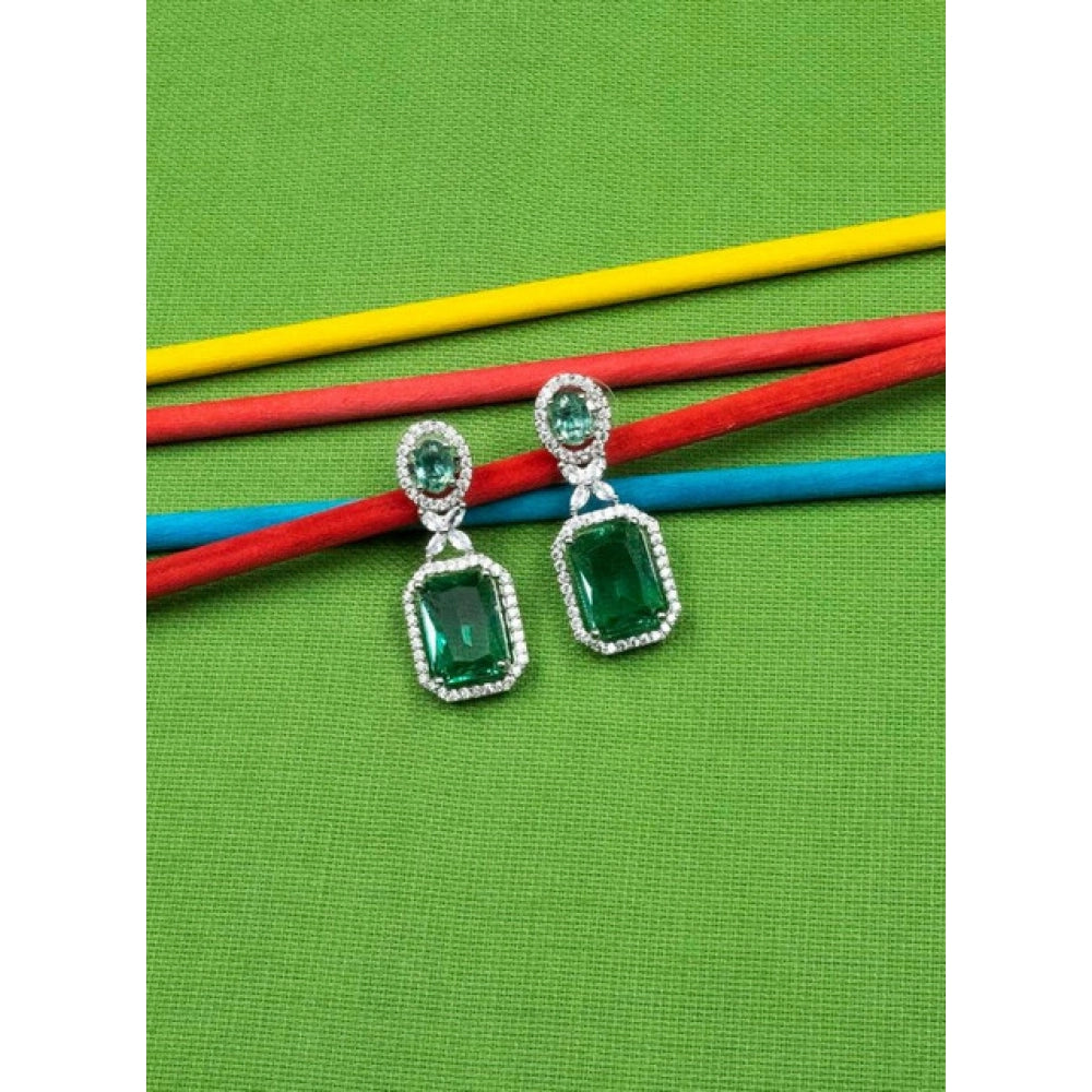 Brass Silver Plated Drop Earrings (Green) – Design 03