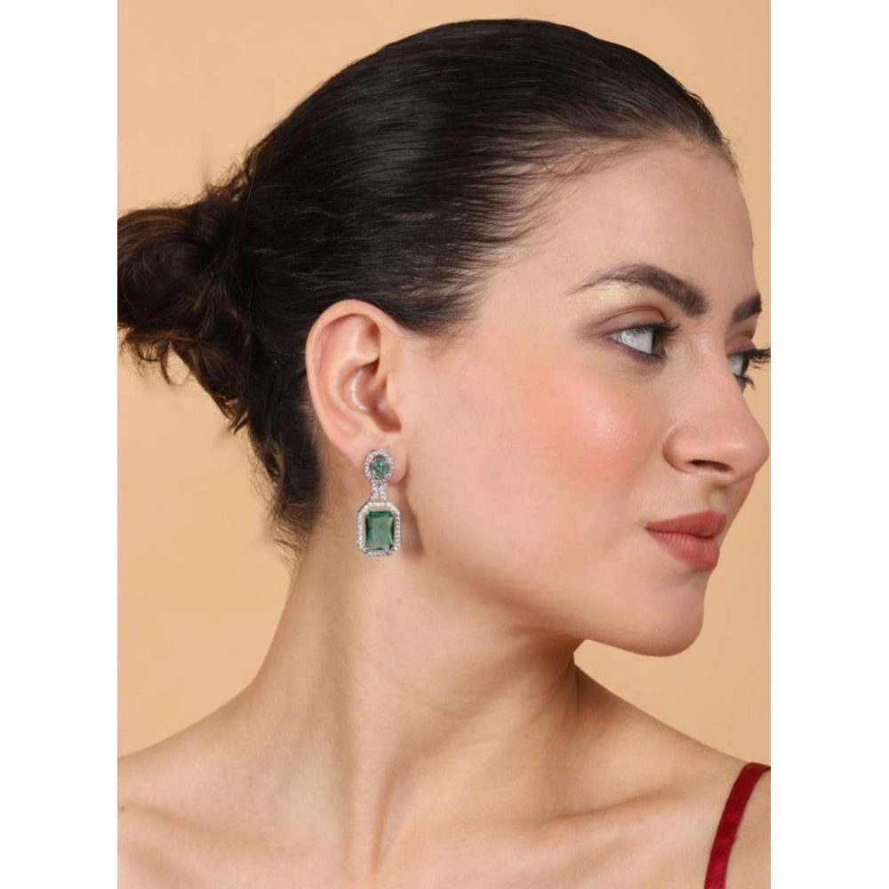 Brass Silver Plated Drop Earrings (Green) – Design 03