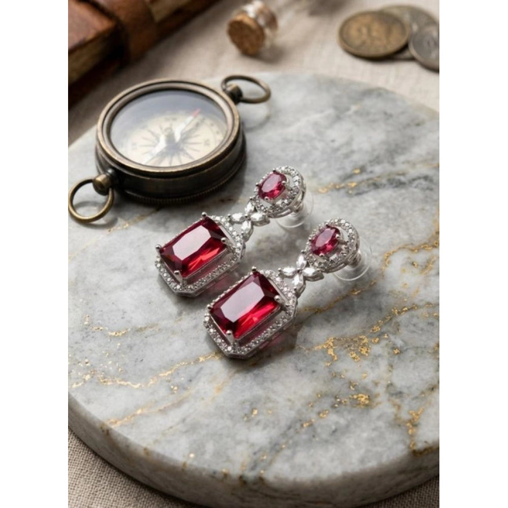 Brass Silver Plated Drop Earrings (Red) – Design 02