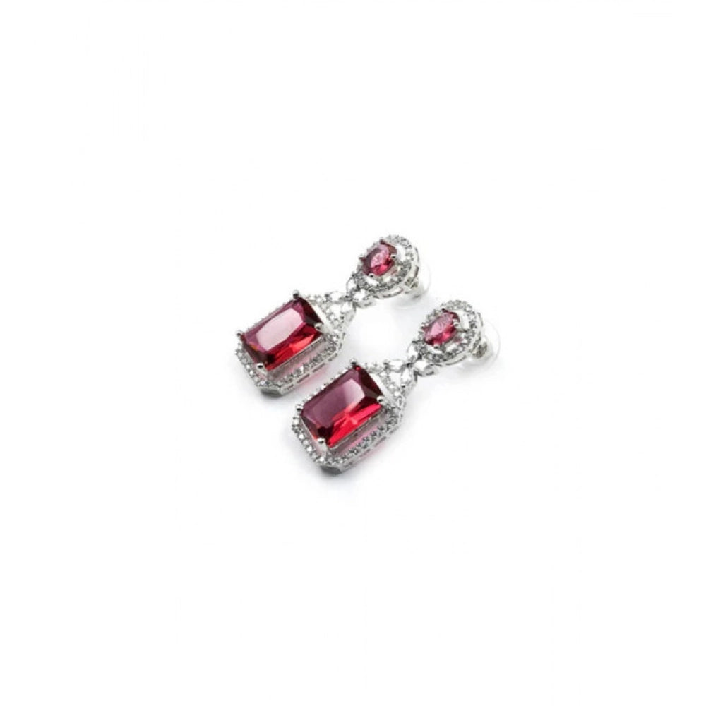 Brass Silver Plated Drop Earrings (Red) – Design 02