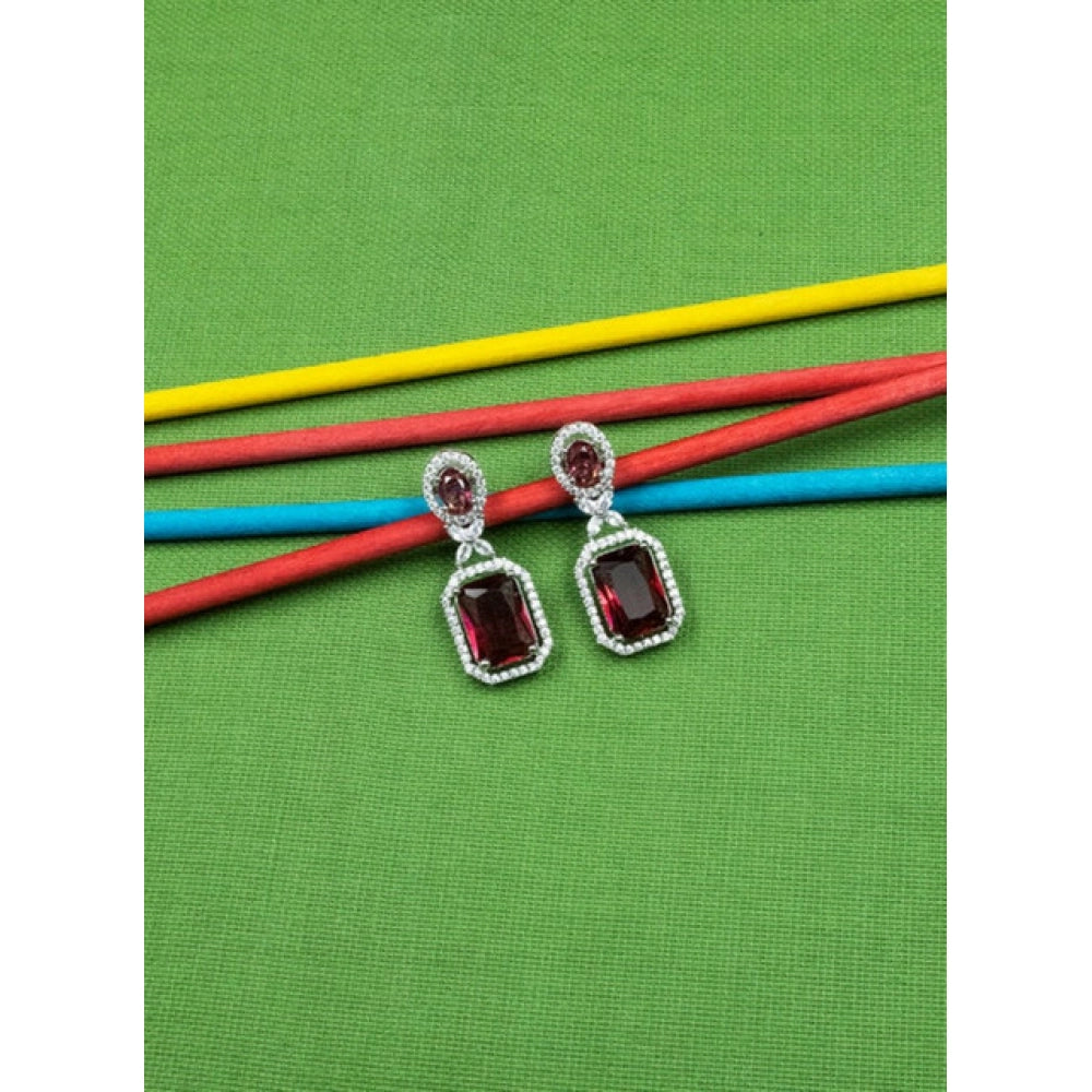 Brass Silver Plated Drop Earrings (Red) – Design 02