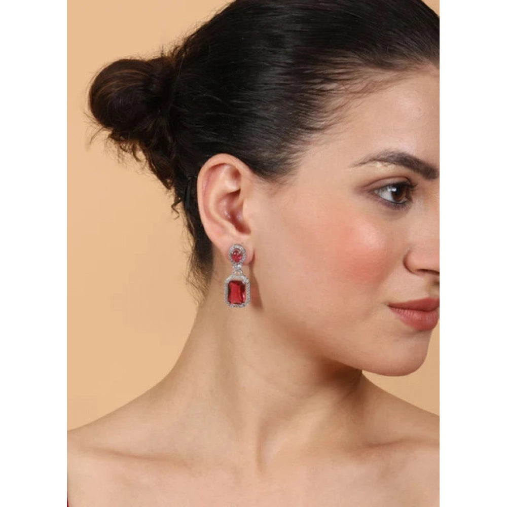 Brass Silver Plated Drop Earrings (Red) – Design 02
