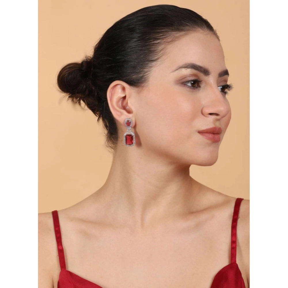 Brass Silver Plated Drop Earrings (Red) – Design 02