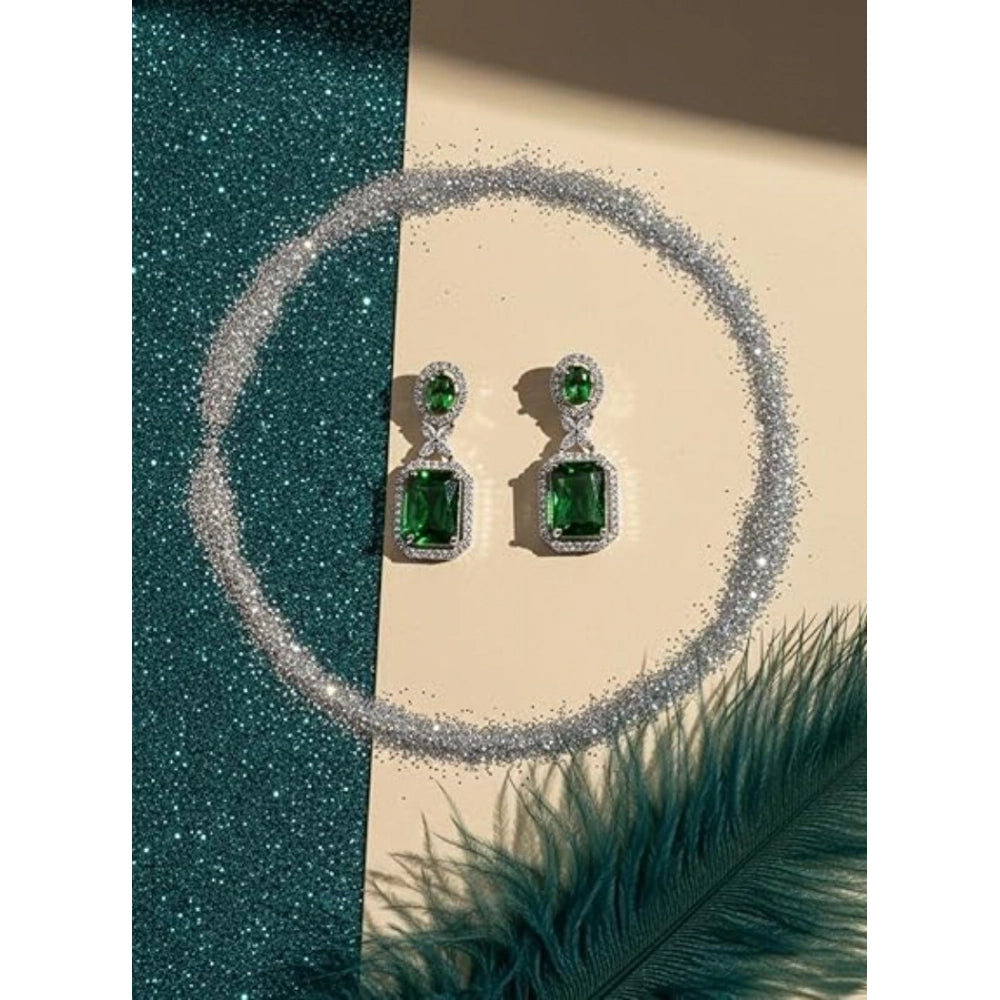 Brass Silver Plated Drop Earrings (Green) – Design 04