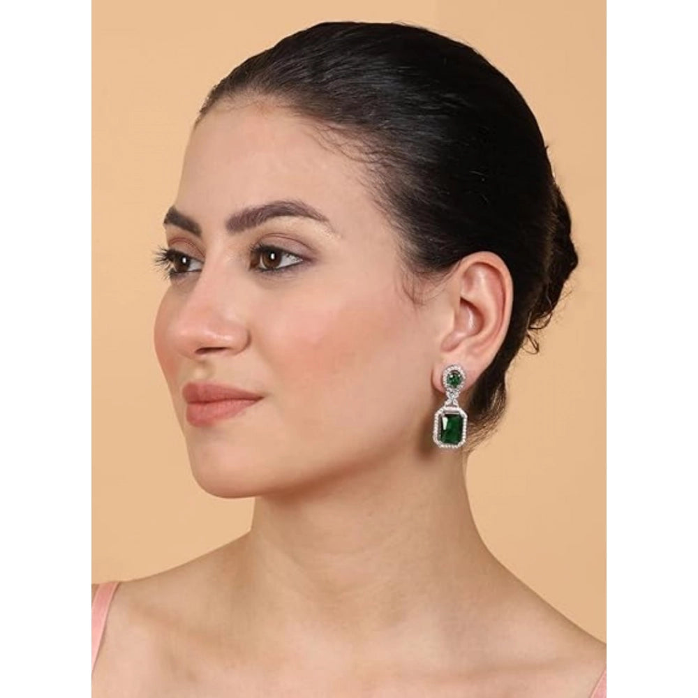 Brass Silver Plated Drop Earrings (Green) – Design 04