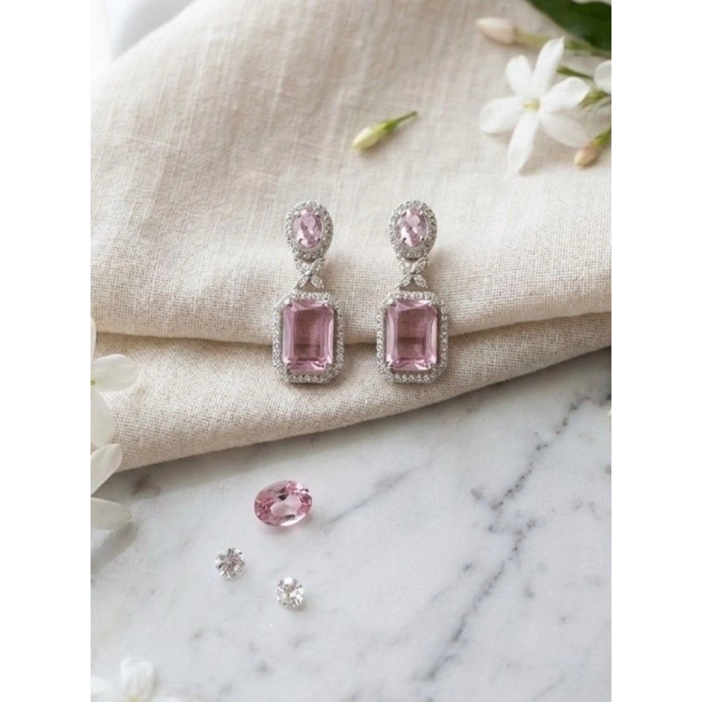 Brass Silver Plated Drop Earrings (Pink) – Design 04