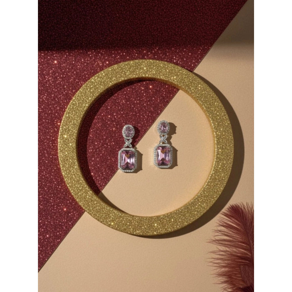 Brass Silver Plated Drop Earrings (Pink) – Design 04