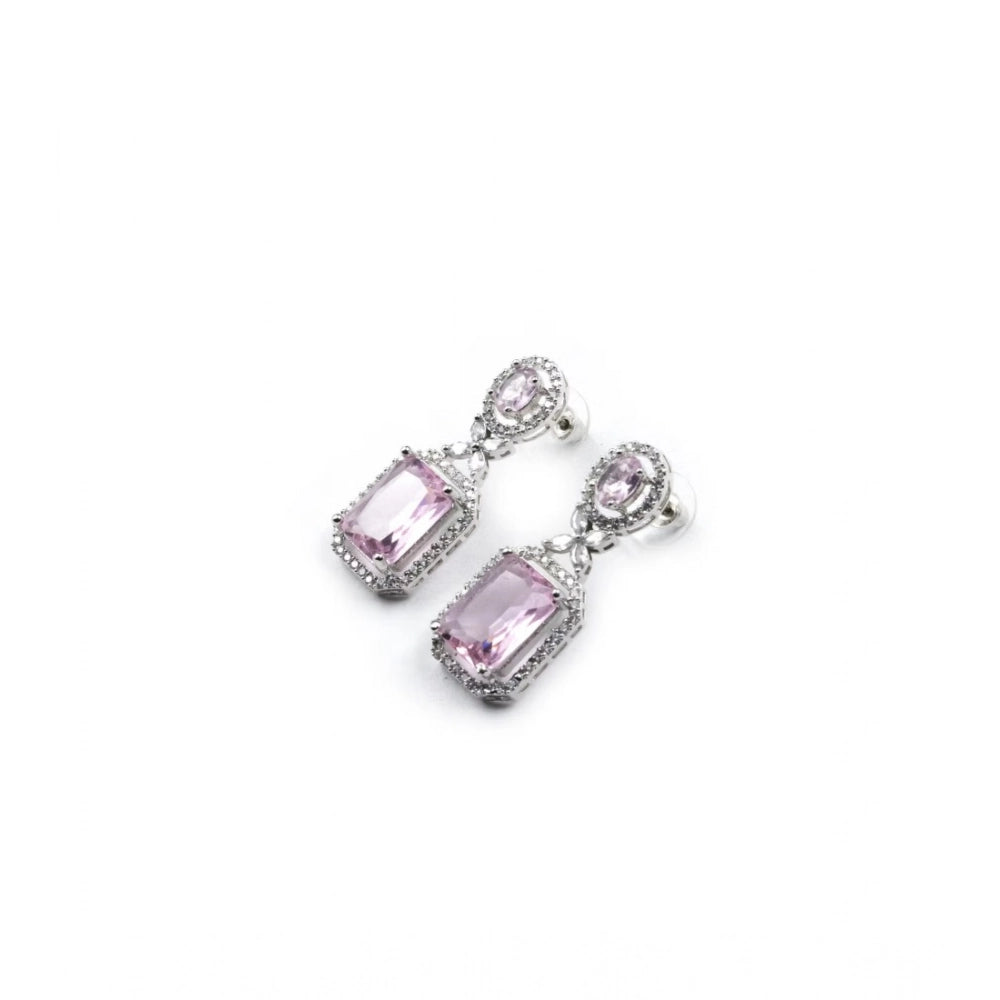 Brass Silver Plated Drop Earrings (Pink) – Design 04
