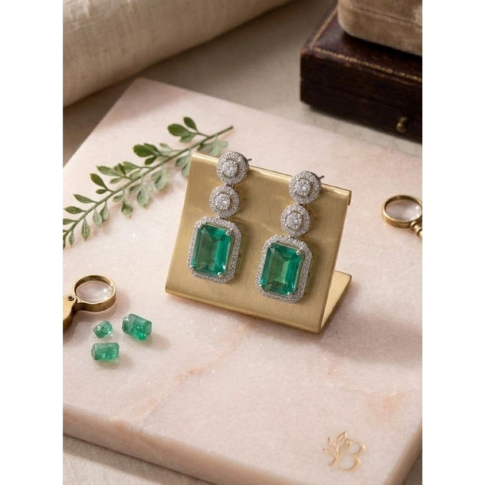 Brass Silver Plated Drop Earrings (Green) – Design 05