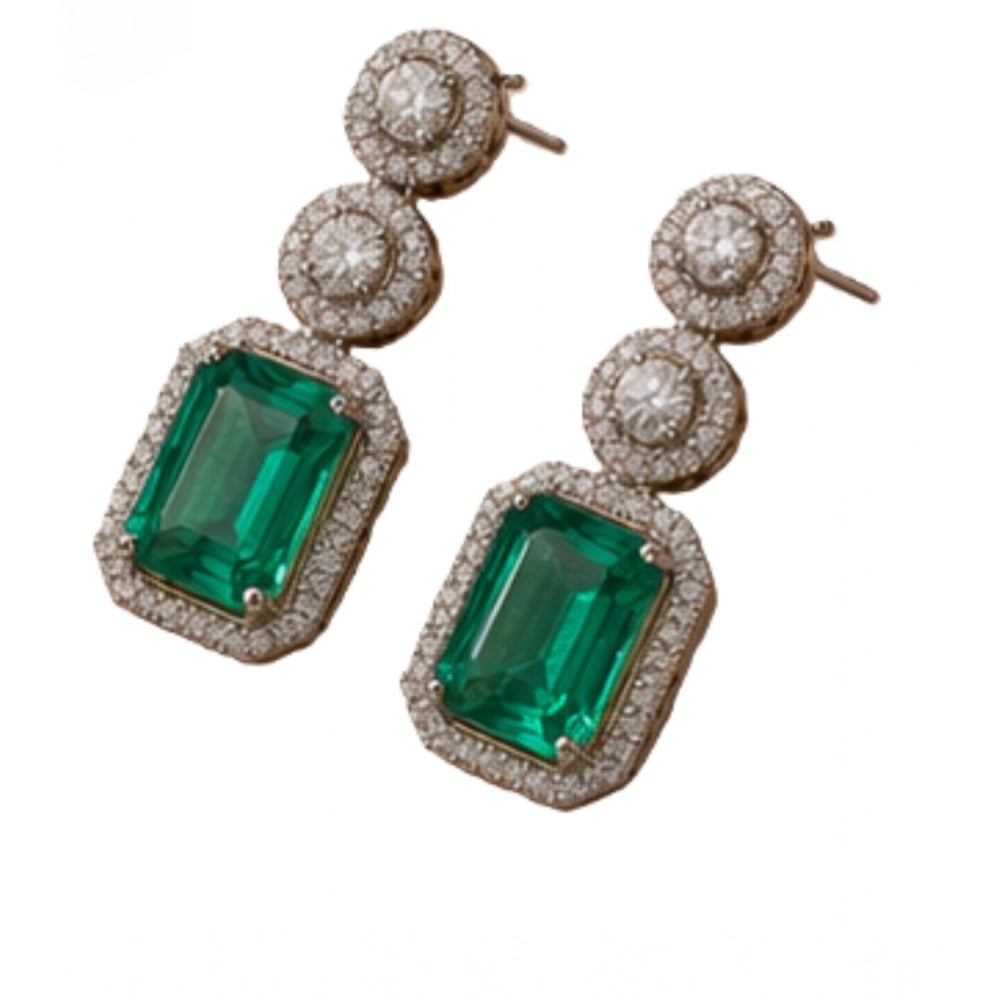 Brass Silver Plated Drop Earrings (Green) – Design 05