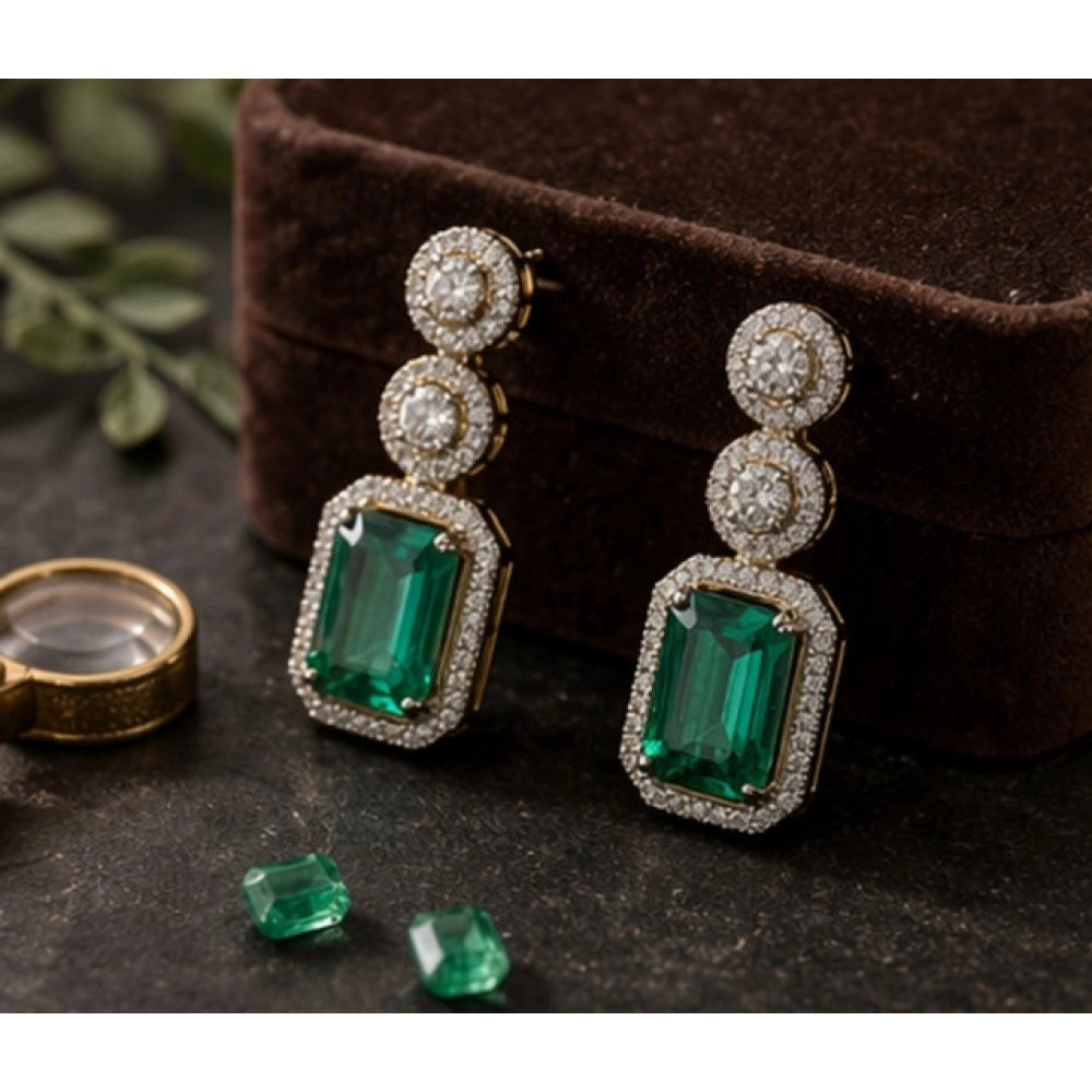 Brass Silver Plated Drop Earrings (Green) – Design 05